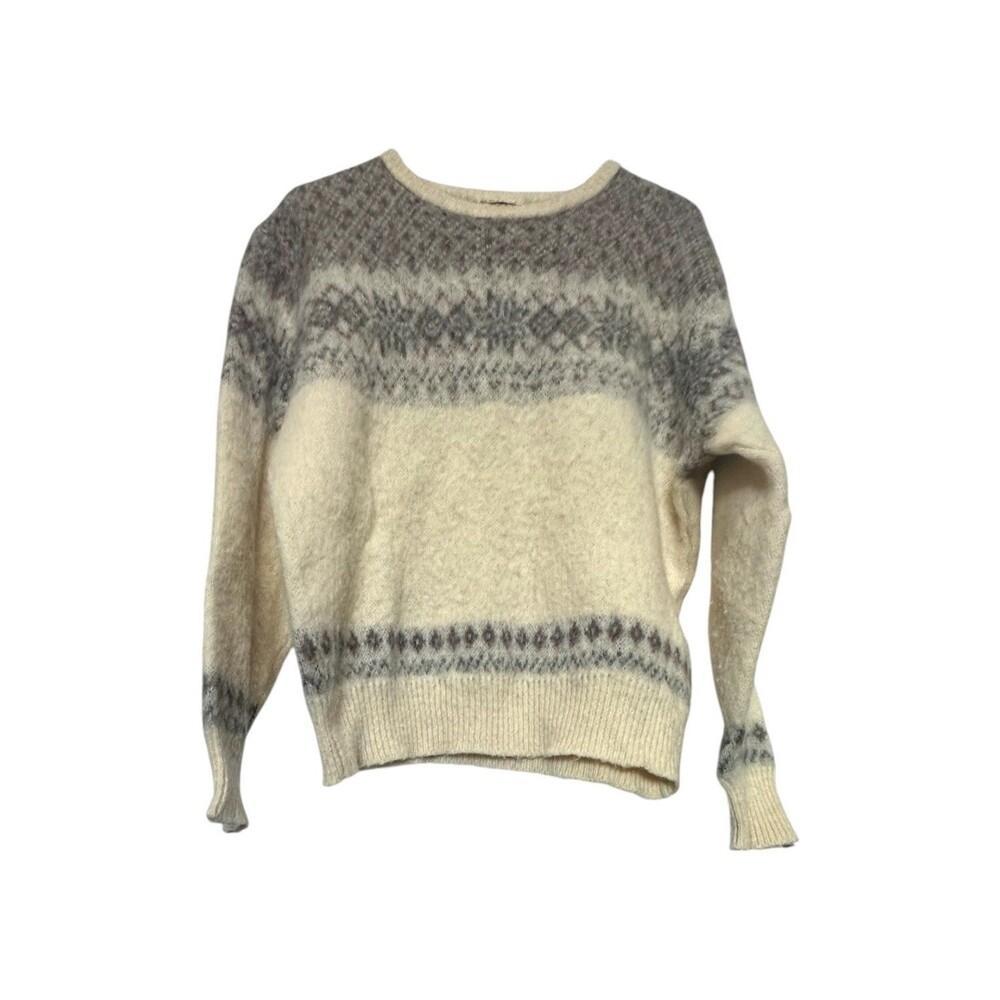 Vintage Samband Of Iceland Pure Wool Crew Winter Sweater XL Gray Cream Boho Mens